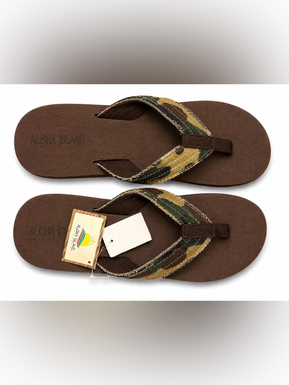 Aloha Island Flip Flops – Brown w/ Camo Straps – Size 8 (New w/ Tags)